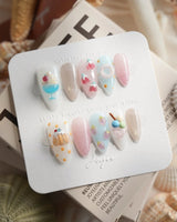 Parfait short almond press-on nails with translucent jelly and dessert details