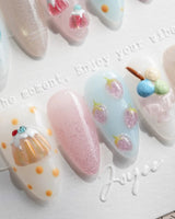 Parfait layered dessert press-on nails with pink lavender jelly and 3D sundae bowls