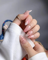Peach Dew hand-painted nails with 3D peach shapes and watery gel shine