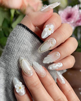 Pearl Bloom press-on nail set — Pure White Pearlescent, 3D Flowers & Shell Texture. design, hand-painted with real gel polish