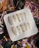Pearl Bloom press-on nails — Pure White Pearlescent, 3D Flowers & Shell Texture. handmade nail art by Joyee Nails