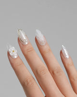 Pearl Bloom nail art close-up showing Pure White Pearlescent, 3D Flowers & Shell Texture. details