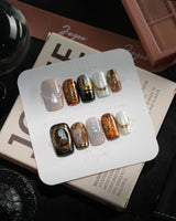 Pearl Earring handmade press-on nails in short coffin shape by Joyee Nails