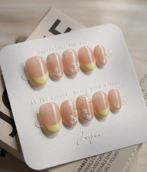 Petal Pop Spring Nails press-on nails — yellow floral french tip nails handmade nail art by Joyee Nails
