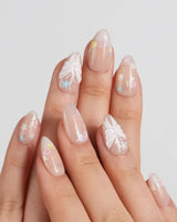 Petal Rain press-on nail set — nude, 3D White Butterfly Wings & Pastel Wildflowers. design, hand-painted with real gel polish