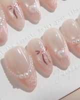 Pillow Talk nails in medium almond — Pearl Satin Pink, Lace