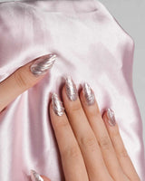 Velvet Twist press-on nails — Pink silver chrome swirl 3D sculpted glitter overlay handmade nail art by Joyee Nails