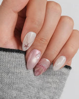 Pink Treasure rose-crystal charm nail art on dusty pink marble press-on nails