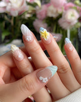 Plumeria-Island Breeze press-on nails — Dreamy Macarons, 3D Plumeria & Shell Textures. handmade nail art by Joyee Nails