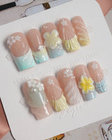 Plumeria-Island Breeze press-on nails in medium square shape — Dreamy Macarons, 3D Plumeria & Shell Textures.
