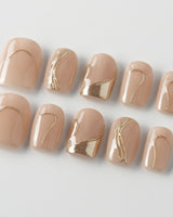 Poetic Glamour Nude press-on nails in extra short square shape — nude french tip gold line