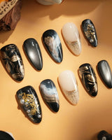 Poison Bloom handmade press-on nails featuring Black & Gold, Sculpted Marble.