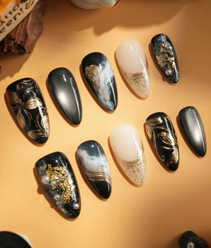 Poison Bloom handmade press-on nails featuring Black & Gold, Sculpted Marble.