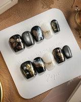 Poison Bloom press-on nails — Black & Gold, Sculpted Marble. handmade nail art by Joyee Nails