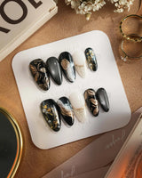 Poison Bloom press-on nails — Black & Gold, Sculpted Marble. handmade nail art by Joyee Nails