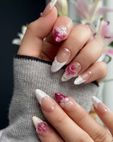 Duchess Purple floral press-on nails with soft magenta French design and spring blossoms