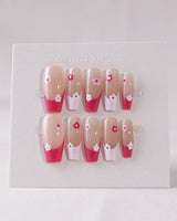 Spring Red Flower Nails press-on nails — pink floral french tip nails handmade nail art by Joyee Nails