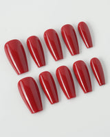 Solid Nails - Red Roses press-on nails in medium coffin shape — deep red solid nails