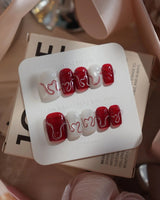 Red String nails in extra short square — Deep Wine Red &