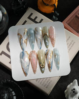 Renaissance Fresco handmade press-on nails in long stiletto shape by Joyee Nails