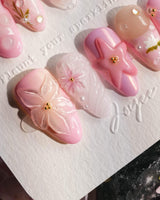 Romantic Garden press-on nail set — Delicate Pink Tone, 3D Flowers & Star. design, hand-painted with real gel polish