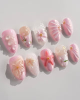 Romantic Garden press-on nails in extra short almond shape — Delicate Pink Tone, 3D Flowers & Star.
