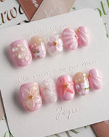 Romantic Garden press-on nails in extra short oval shape — Delicate Pink Tone, 3D Flowers & Star.