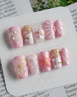 Romantic Garden press-on nails in short coffin shape — Delicate Pink Tone, 3D Flowers & Star.