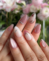 Rose-Théâtre Noir press-on nails — Elegant Rose Pink, Embossed Florals & Metallic Edging. handmade nail art by Joyee Nails
