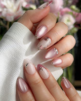 Rose-Théâtre Noir handmade press-on nails featuring Elegant Rose Pink, Embossed Florals & Metallic Edging.