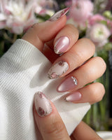 Rose-Théâtre Noir press-on nails — Elegant Rose Pink, Embossed Florals & Metallic Edging. handmade nail art by Joyee Nails