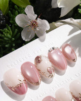 Rose-Théâtre Noir press-on nails — Elegant Rose Pink, Embossed Florals & Metallic Edging. handmade nail art by Joyee Nails