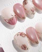 Rose-Théâtre Noir press-on nails — Elegant Rose Pink, Embossed Florals & Metallic Edging. handmade nail art by Joyee Nails