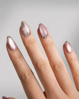 Rose-Théâtre Noir nail art close-up showing Elegant Rose Pink, Embossed Florals & Metallic Edging. details