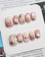 Rose-Théâtre Noir press-on nails in extra short square shape — Elegant Rose Pink, Embossed Florals & Metallic Edging.