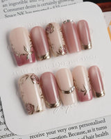 Rose-Théâtre Noir press-on nails in medium square shape — Elegant Rose Pink, Embossed Florals & Metallic Edging.