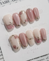 Rose-Théâtre Noir press-on nails in short coffin shape — Elegant Rose Pink, Embossed Florals & Metallic Edging.