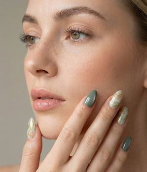 Sage Season handmade press-on nails featuring Vintage Oil Painting Green, Marble Smudge & Metallic Outlined Florals.