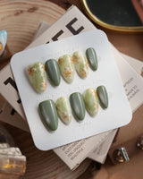 Sage Season press-on nails in short almond shape — Vintage Oil Painting Green, Marble Smudge & Metallic Outlined Florals.