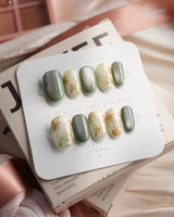 Sage Season Short Oval press on nails, handmade custom nails by Joyeenails