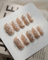 Satin Dress press-on nails — nude pink pearl sheen 3D floral ribbon embossed handmade nail art by Joyee Nails