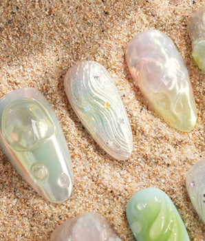 Seaglass Swan handmade press-on nails featuring Iridescent Pastels, 3D Florals & Swan
