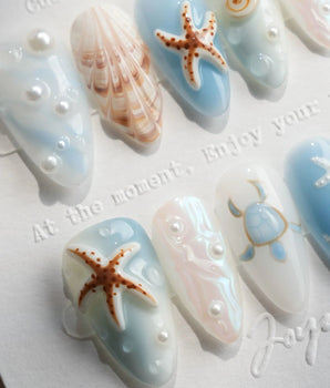 Shell Picking Short Almond press on nails, handmade custom nails by Joyeenails