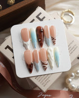 Shore Blend Long Stiletto press on nails, handmade custom nails by Joyeenails