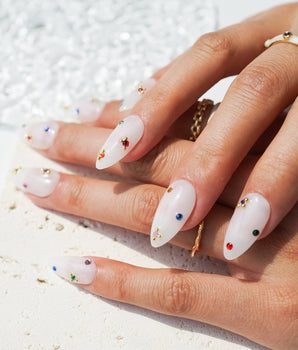 Sicily nails handmade press-on nails featuring milky white colorful rhinestone nails