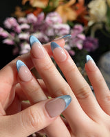 Silk Azure press-on nails — Ice Blue Cat Eye, French Silver Wire. handmade nail art by Joyee Nails