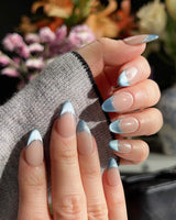 Silk Azure press-on nails — Ice Blue Cat Eye, French Silver Wire. handmade nail art by Joyee Nails