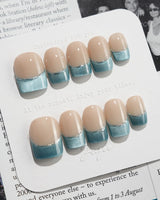 Silk Azure press-on nails in extra short square shape — Ice Blue Cat Eye, French Silver Wire.