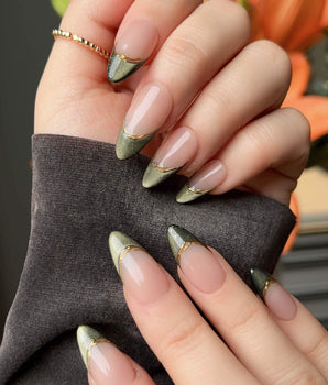 Silk Green handmade press-on nails featuring Dark Green Cat Eye, French Gold Wire.
