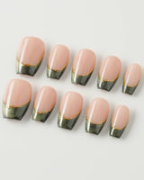 Silk Green in short coffin shape with glossy green cat-eye tips and gold line detail
